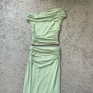 Green long skirt and off the shoulder top!!